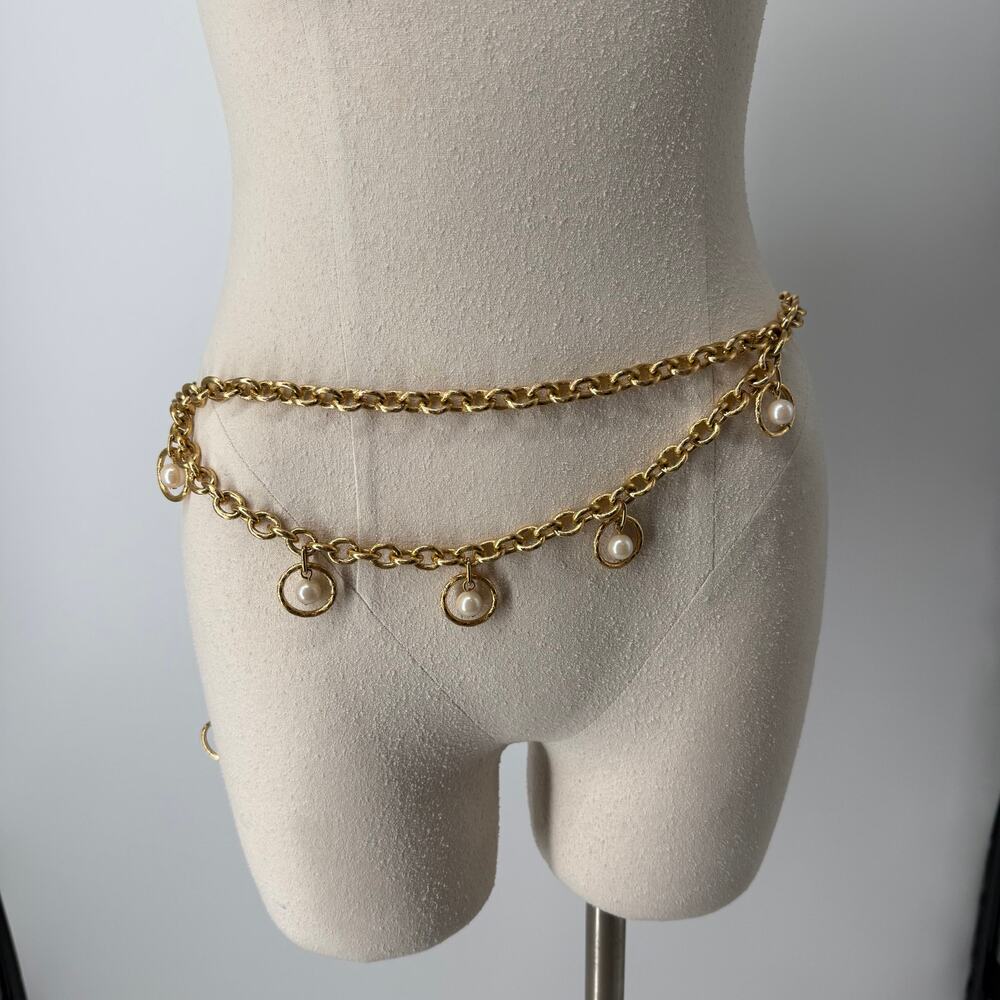 Vintage Style Draped Faux Pearl Gold Toned Chain Belt Chunky Statement